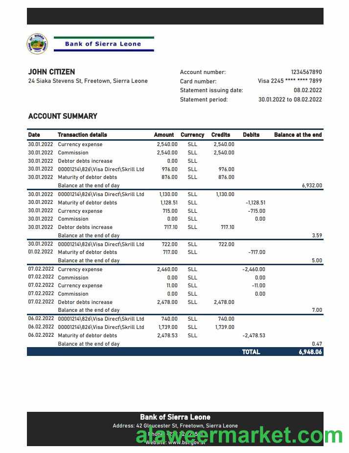Sierra Leone Bank of Sierra Leone bank statement xls